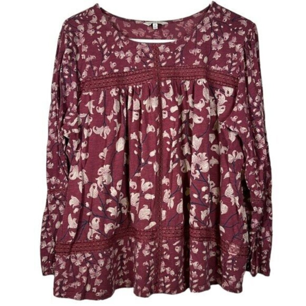 Lucky Brand Floral Maroon Long Sleeve Bohemian Lace Blouse Size 2X GUC #4192